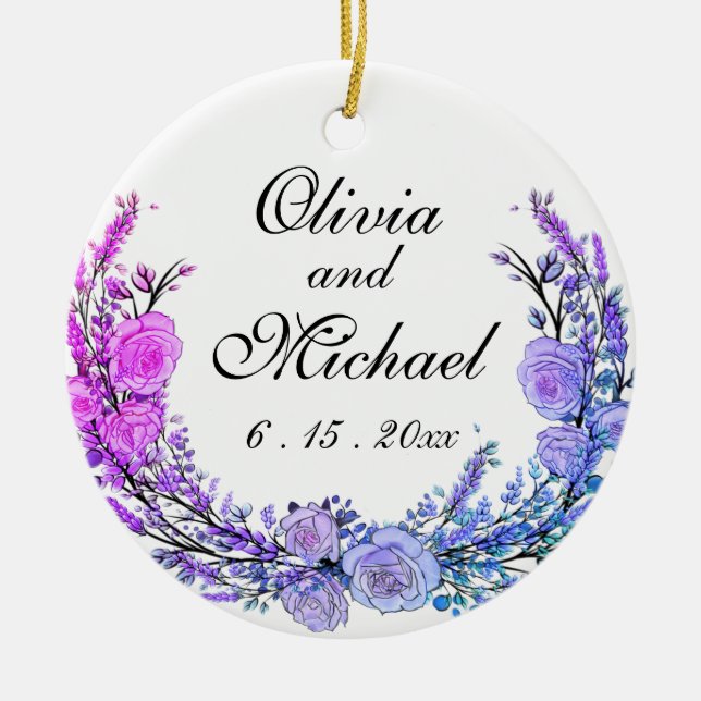 Ornamento De Cerâmica Lavanda, Eucalyptus, rosas roxas de teal rosa (Frente)