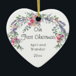Ornamento De Cerâmica Lavanda rosa e Eucalyptus | Primeiro Natal<br><div class="desc">Um design elegante e vintage com rosas,  eucalipto e lavanda pintados com aquarela romântica.</div>