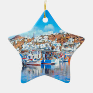 Ornamento De Cerâmica ldp MYKONOS - navios de pesca - porto - panorama