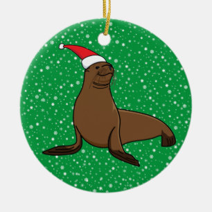 Ornamento De Cerâmica Leão do Mar Bonito no Natal de Papai Noel
