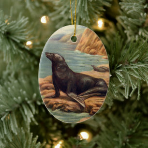 Ornamento De Cerâmica Leão do Mar de Vintage na costa, mamíferos marinho