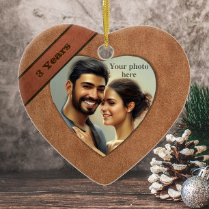 Ornamento De Cerâmica Leather Look 3rd Anniversário: Adicione Sua Foto