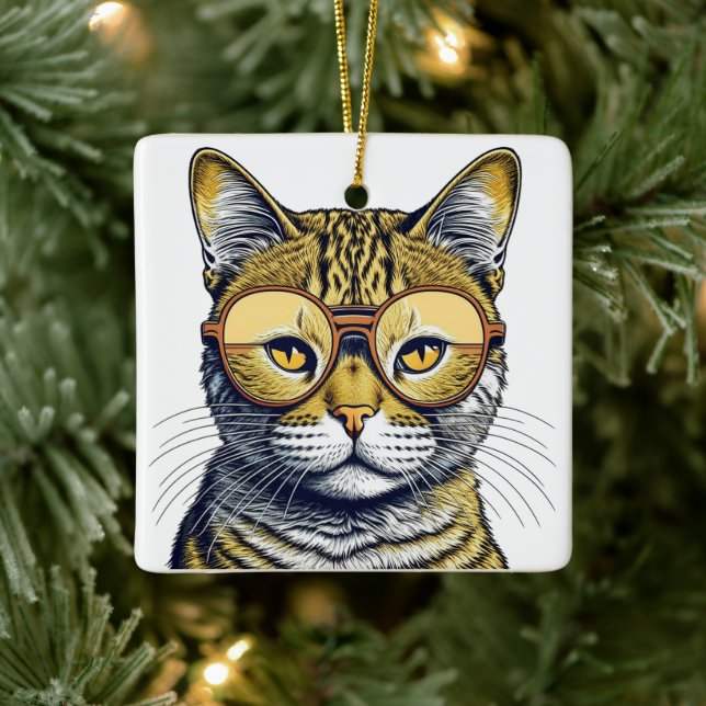 Ornamento De Cerâmica Legal ai Art Cat com o Shades no Natal (Árvore)