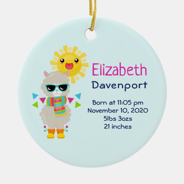 Ornamento De Cerâmica Legal Llama e sorrindo Kawaii Sun (Frente)