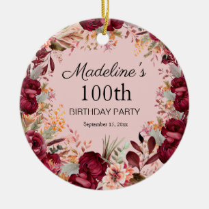 Ornamento De Cerâmica Lembrança do 100º Aniversário Floral Burgundy Rosa