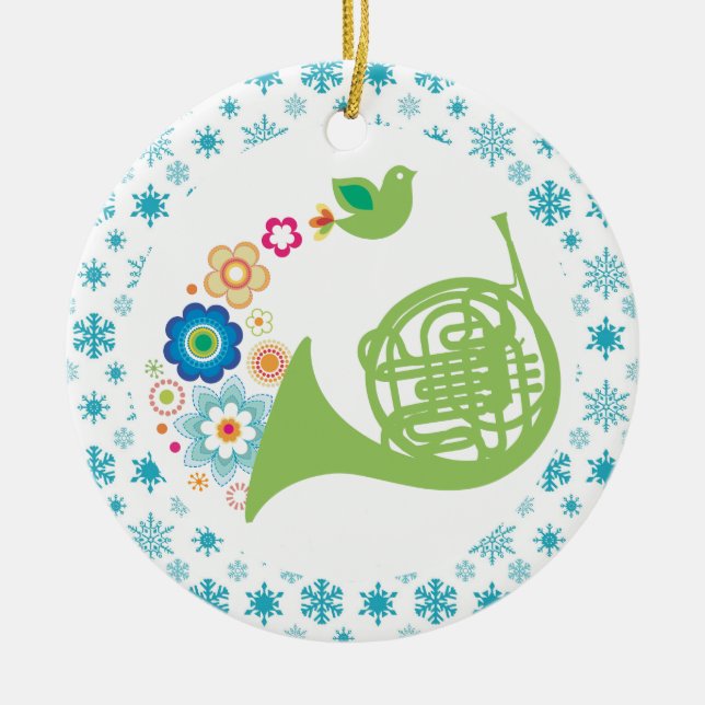 Ornamento De Cerâmica Lembrança do Natal da música filarmónica da trompa (Frente)