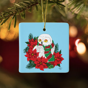 Ornamento De Cerâmica Lenço de Natal Festivo Coruja da Neve Poinsettias