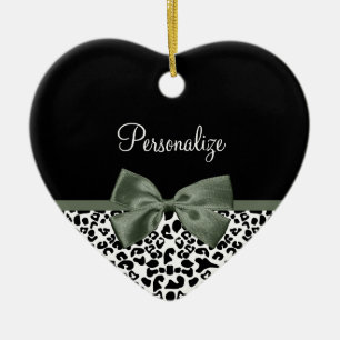 Ornamento De Cerâmica Leopard Imprime Fita Verde Escura Com Nome