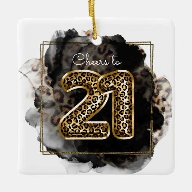 Ornamento De Cerâmica Leopard Print Hip Cheers to 21 Birthday Photo (Frente)