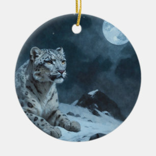 Ornamento De Cerâmica Leopardo de Neve e Lua Cheia