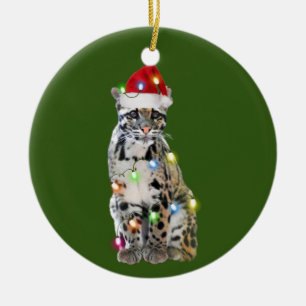 Ornamento De Cerâmica Leopardo Nublado com Luzes de Chapéu Natal