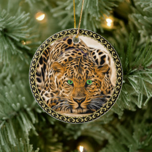 Ornamento De Cerâmica Leopardo verde-brilhante olhado olhando para você