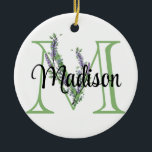 Ornamento De Cerâmica Letra alfabética M, botânica da Lavanda de aquarel<br><div class="desc">Um design romântico e elegante com letra alfabética monográfica "M", enquadrada por eucalipto e lavanda e libélula pintados em aquarelas. Para começar a alterar o nome, clique em "Personalizar este modelo" e edite o texto nas caixas modelo. Para acessar as ferramentas de edição mais avançadas, role para baixo até "Clique...</div>