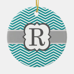 Ornamento De Cerâmica Letra branca R Chevron do monograma da cerceta