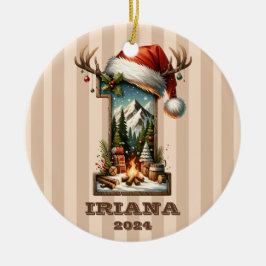 Ornamento De Cerâmica Letra de Feriado I com cena de inverno russa