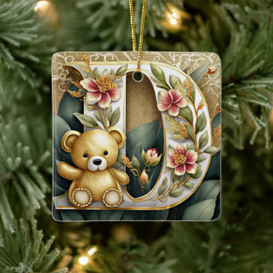 Ornamento De Cerâmica Letra FLoral Teddy Bear D
