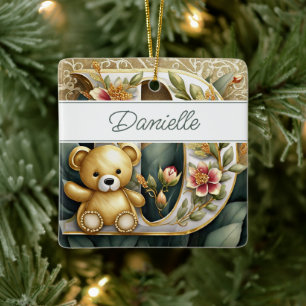 Ornamento De Cerâmica Letra FLoral Teddy Bear D personalizada