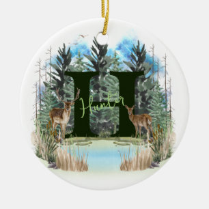 Ornamento De Cerâmica Letra H Monograma Personalizado de Veado em Aquare