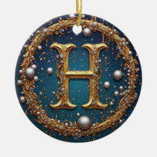 Ornamento De Cerâmica Letra Inicial Monograma Dourado H