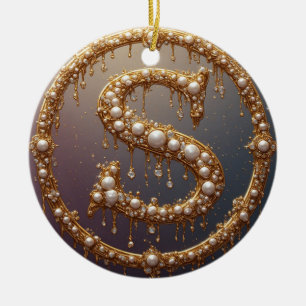 Ornamento De Cerâmica Letra Inicial Monograma Dourado S