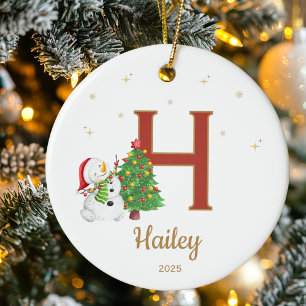 Ornamento De Cerâmica Letra Inicial Personalizada Nome Boneco de Neve