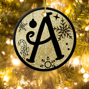Ornamento De Cerâmica Letra Monograma de Natal A Brilho Preto Dourado