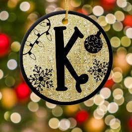 Ornamento De Cerâmica Letra Monograma de Natal K Preto Dourado Brilho