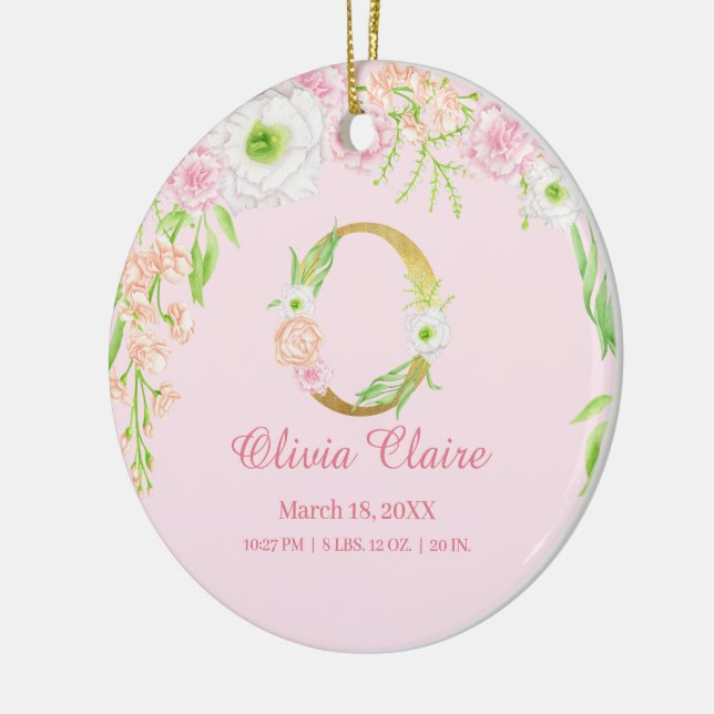 Ornamento De Cerâmica Letra rosa e Dourada "O" Monograma Floral Estatíst (Esquerda)