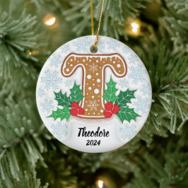 Ornamento De Cerâmica Letra T Nome Personalizado Monograma Natal