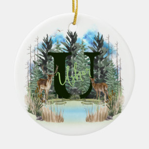 Ornamento De Cerâmica Letra U Monograma Personalizado de Cervo em Aquare