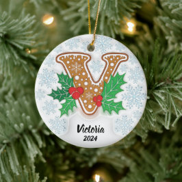 Ornamento De Cerâmica Letra V Nome Personalizado Monograma Natal