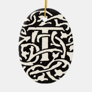 Ornamento De Cerâmica Letra Vintage Monograma T Art Nouveau