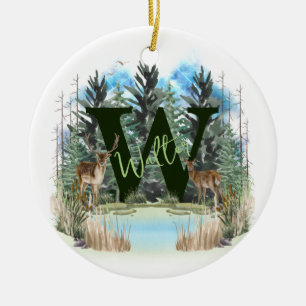 Ornamento De Cerâmica Letra W Monograma Personalizado de Cervo em Aquare