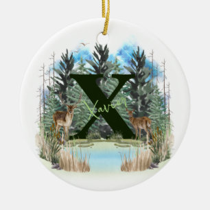 Ornamento De Cerâmica Letra X de Monograma Personalizado de Veado em Aqu
