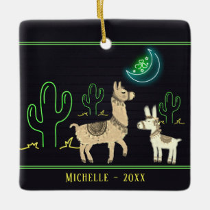 Ornamento De Cerâmica Lhamas personalizadas, Neon Moon e Cactos no Natal