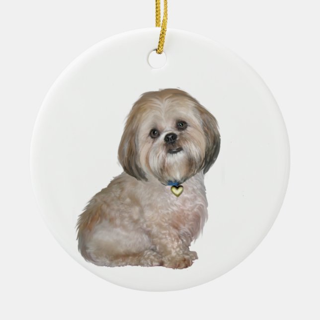 Ornamento De Cerâmica Lhasa Apso (A) - dourado / creme (Frente)