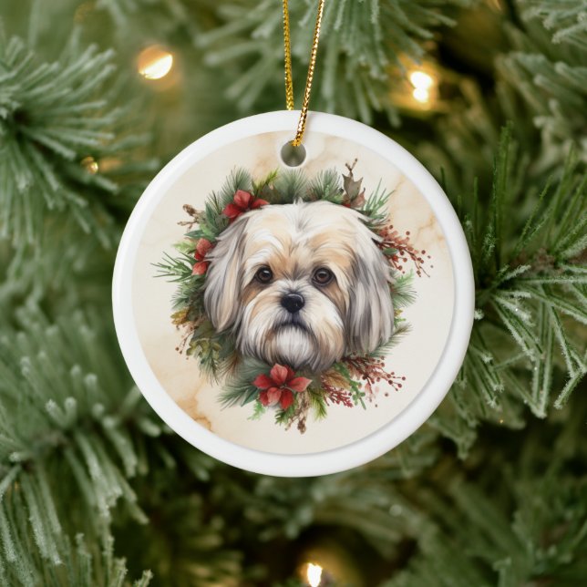 Ornamento De Cerâmica Lhasa Apso Christmas Wreath Festivo Pup (Árvore)