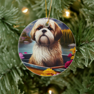 Ornamento De Cerâmica Lhasa Apso em um Paddle: Uma Aventura Cênica