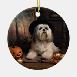 Ornamento De Cerâmica Lhasa Apso Pumpkins Halloween Scary