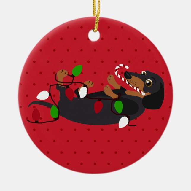 Ornamento De Cerâmica Libere o Natal Feriado Cheer Cute Dachshund (Frente)