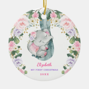 Ornamento De Cerâmica Lilac Floral Elefante Rosa Primeiro Natal