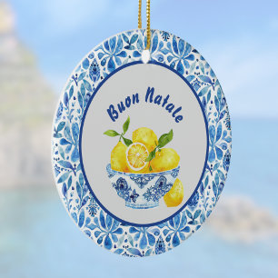Ornamento De Cerâmica Limonado Mediterrâneo Buon Natale Azulejo Azul Toi