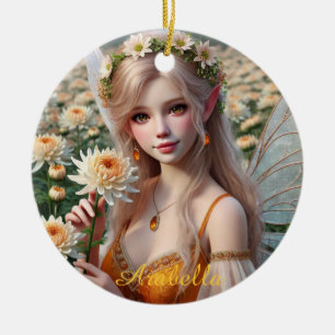 Ornamento De Cerâmica Linda Fada de novembro em Chrysanthemums