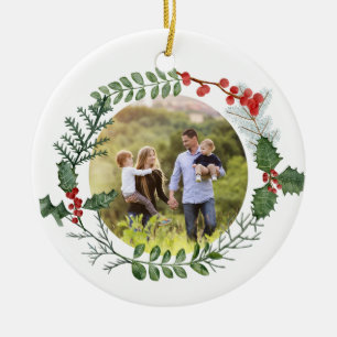 Ornamento De Cerâmica Linda Foto de Natal Red & Green Watercolor