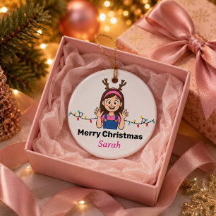 Ornamento De Cerâmica Linda Garota de Desenho Animado Natal Feriado