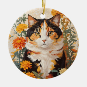 Ornamento De Cerâmica Linda Gato Calico Com Flores Marigold