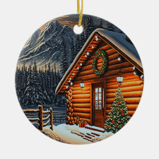 Ornamento De Cerâmica Linda Luz de Natal Log Cabina Montanha Neve