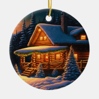 Ornamento De Cerâmica Linda Luz de Natal Log Cabina Montanha Neve