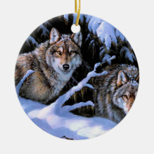 Ornamento De Cerâmica Lindas pinturas de dois lobos