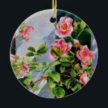 Ornamento De Cerâmica Lindas rosas cor-de-rosa, rosas vermelhas, floral<br><div class="desc">Rosas românticas de cor vermelha e rosa contra uma cerca branca de piquete,  brilhando ao sol da noite. inspiração de uma viagem à Ilha Mackinac Michigan. pintura original de H Cooper.</div>